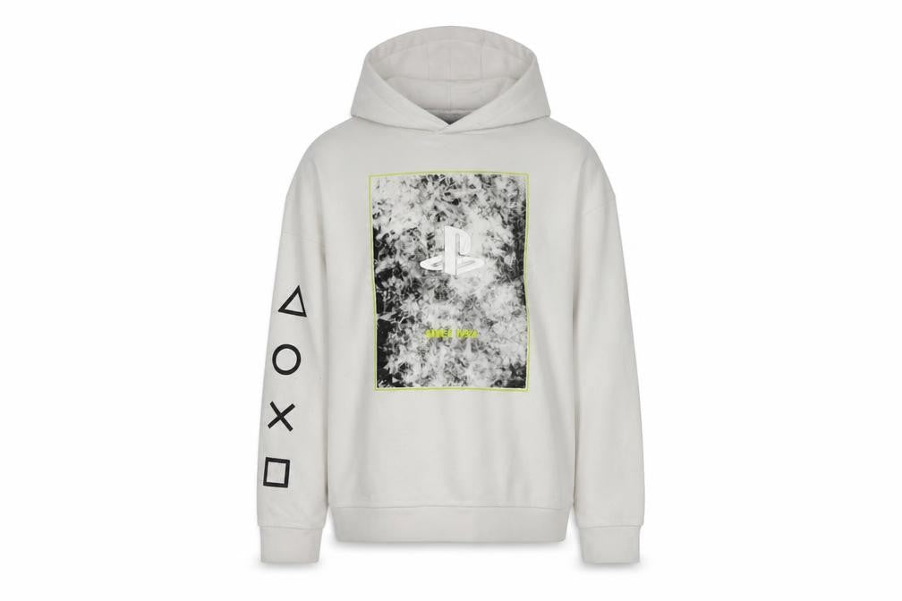 Front view of PlayStation boys’ white pullover hoodie 10-11 years graphic print gamer sweatshirt