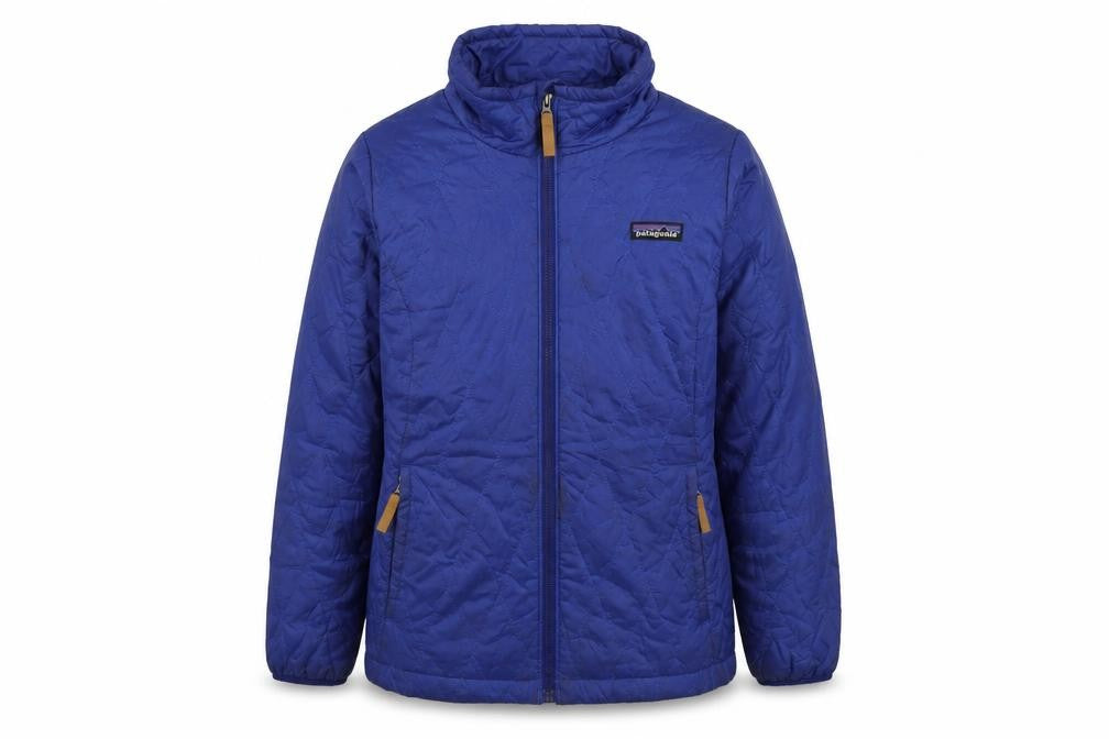 Front view of Patagonia boys’ blue insulated puffer jacket, size 10, years full zip winter coat