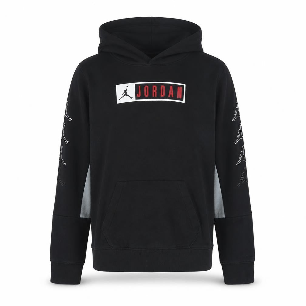 Front view of Jordan boys’ black hoodie xl 13-15 years pullover fleece jumpman logo
