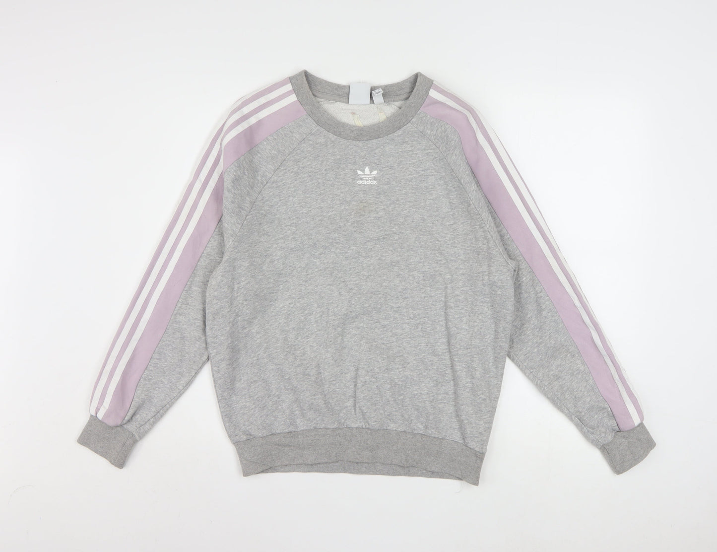 Adidas Women Grey & Lilac 3-Stripes Crew Neck Pullover Sweatshirt XS