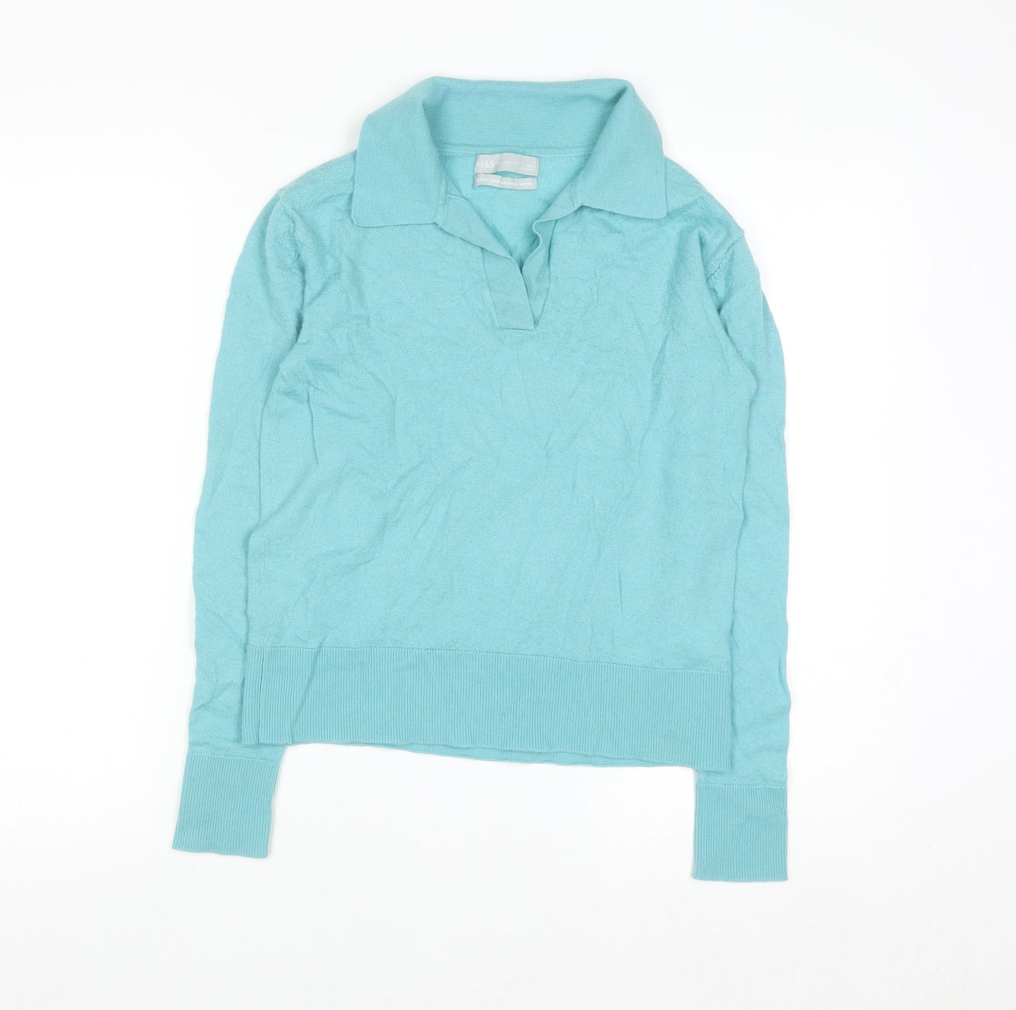 Marks and Spencer Women's Blue Merino Wool Collared Henley Jumper Size S