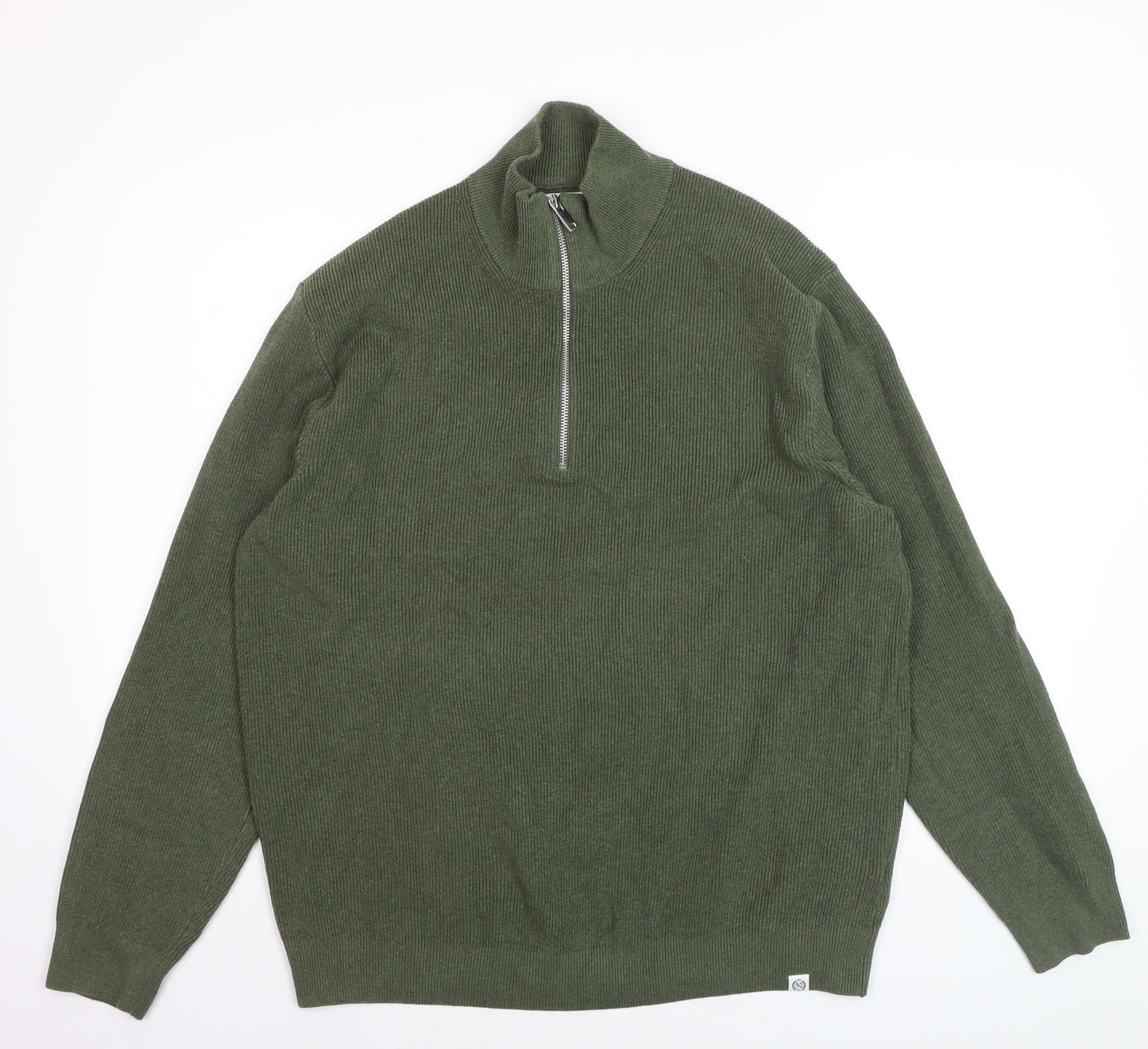 Marks and Spencer Men's Green XL 1/2 Zip Cotton Blend Jumper