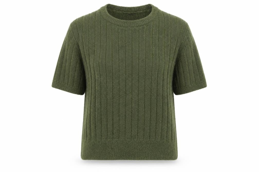 Zara Women Green Ribbed Knit Mohair Wool Short Sleeve Jumper Size 12