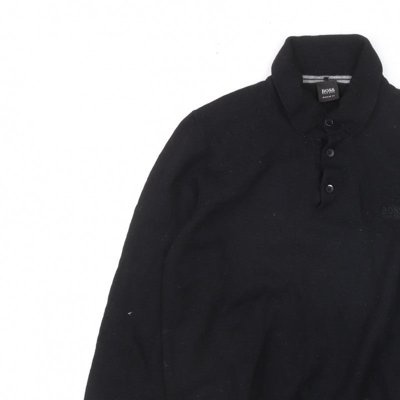 Additional view of Hugo Boss men’s black collared henley jumper, size L, regular fit