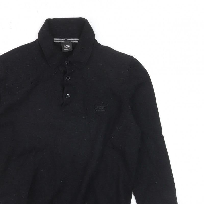 Additional view of Hugo Boss men’s black collared henley jumper, size L, regular fit