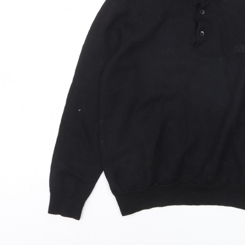 Additional view of Hugo Boss men’s black collared henley jumper, size L, regular fit