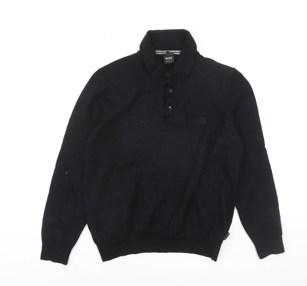 Back view of Hugo Boss men’s black collared henley jumper, size L, regular fit