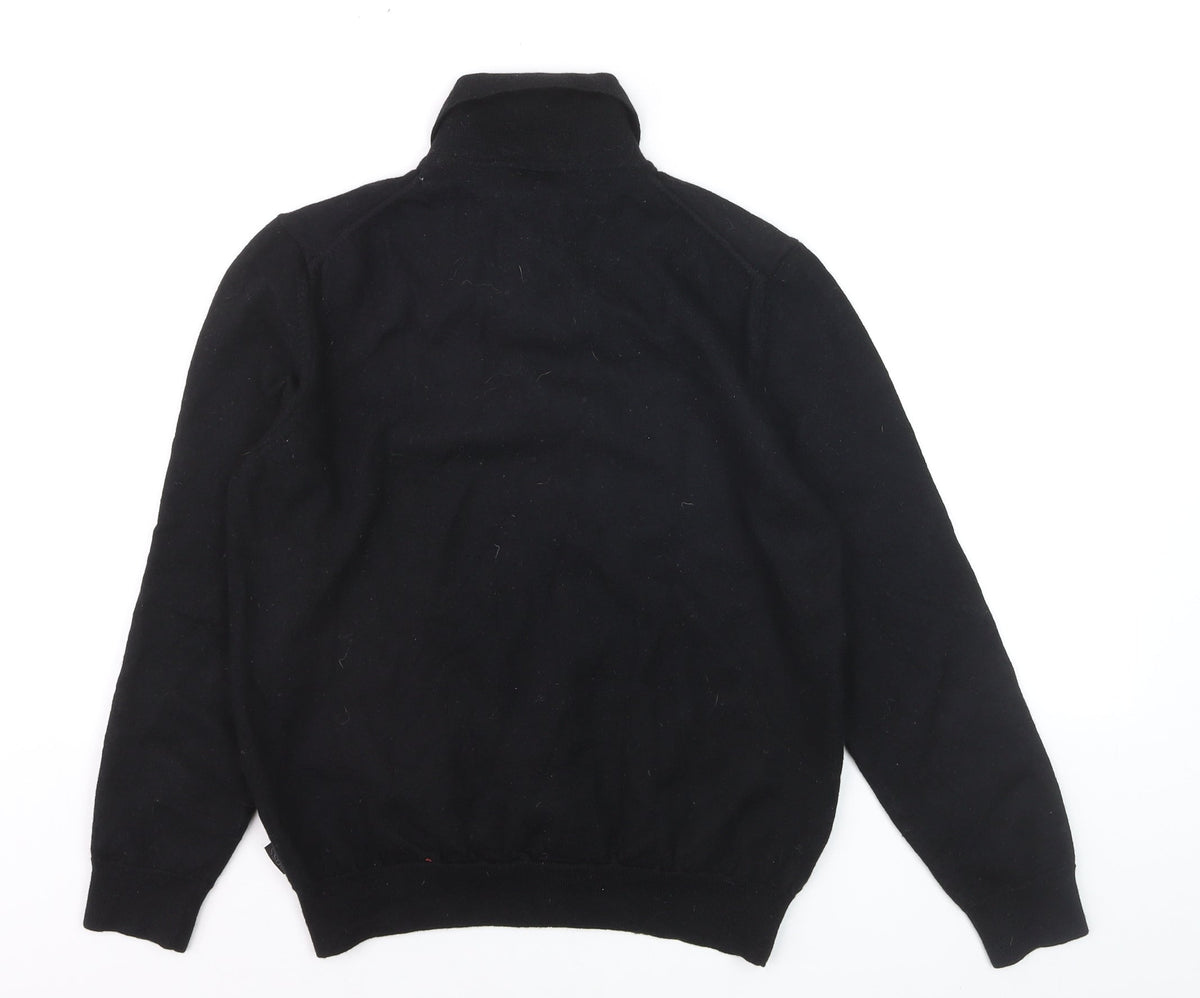 Brand and care label for Hugo Boss men’s black collared henley jumper, size L, regular fit