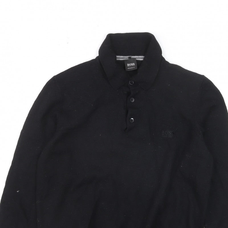 Additional view of Hugo Boss men’s black collared henley jumper, size L, regular fit