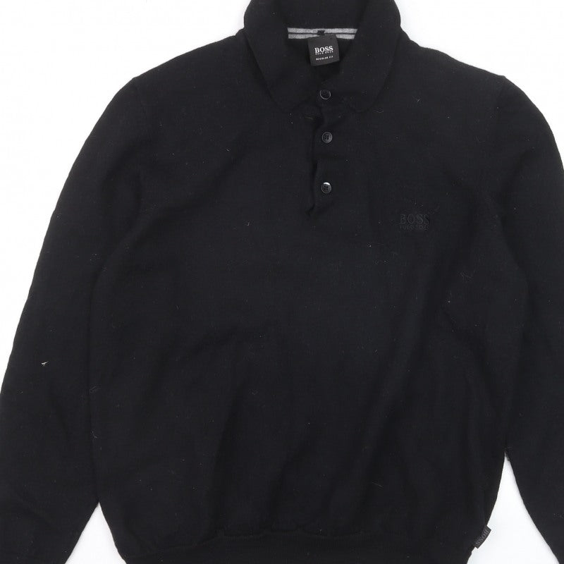 Additional view of Hugo Boss men’s black collared henley jumper, size L, regular fit