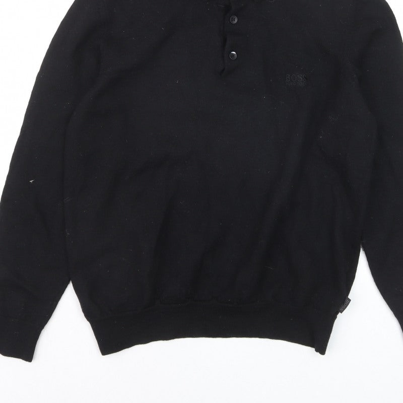 Additional view of Hugo Boss men’s black collared henley jumper, size L, regular fit