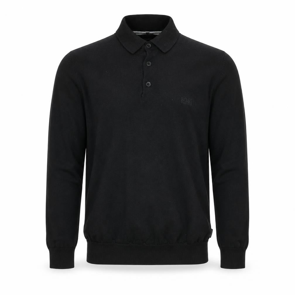 Front view of Hugo Boss men’s black collared henley jumper, size L, regular fit