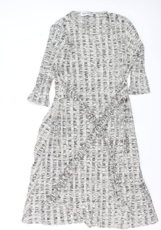 Anonymous Women Grey Black Size 16 Wrap Midi Dress 3/4 Sleeve