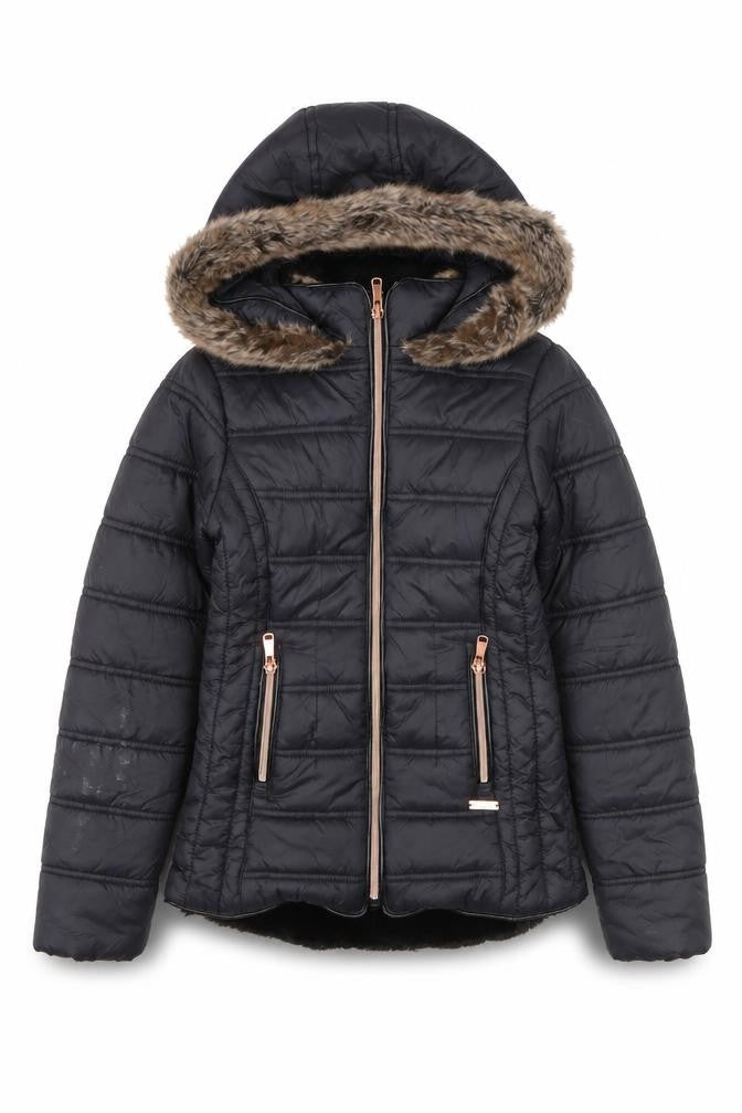 Front view of Firetrap girls’ black faux fur hooded puffer jacket 9-10 years
