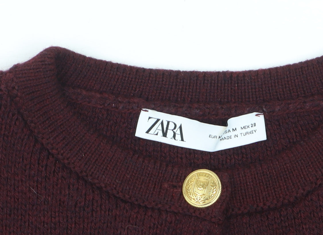 Zara Women Brown Crew Neck Long Sleeve Knit Cardigan Size 12