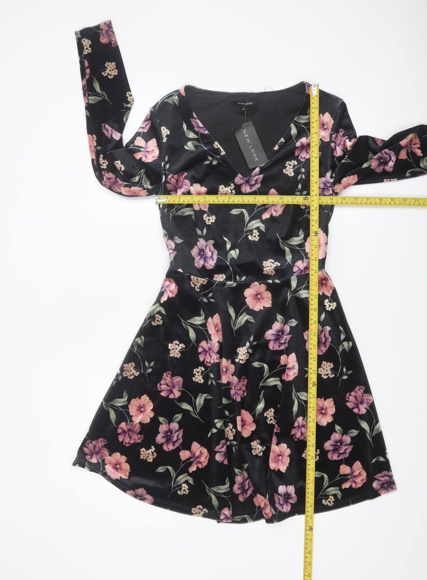 New Look Women Black Floral Velvet Skater Dress Size 10