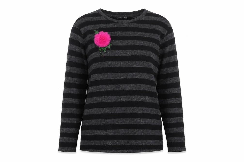 Zara Womens Black Striped Knit Jumper M Crew Neck Long Sleeve