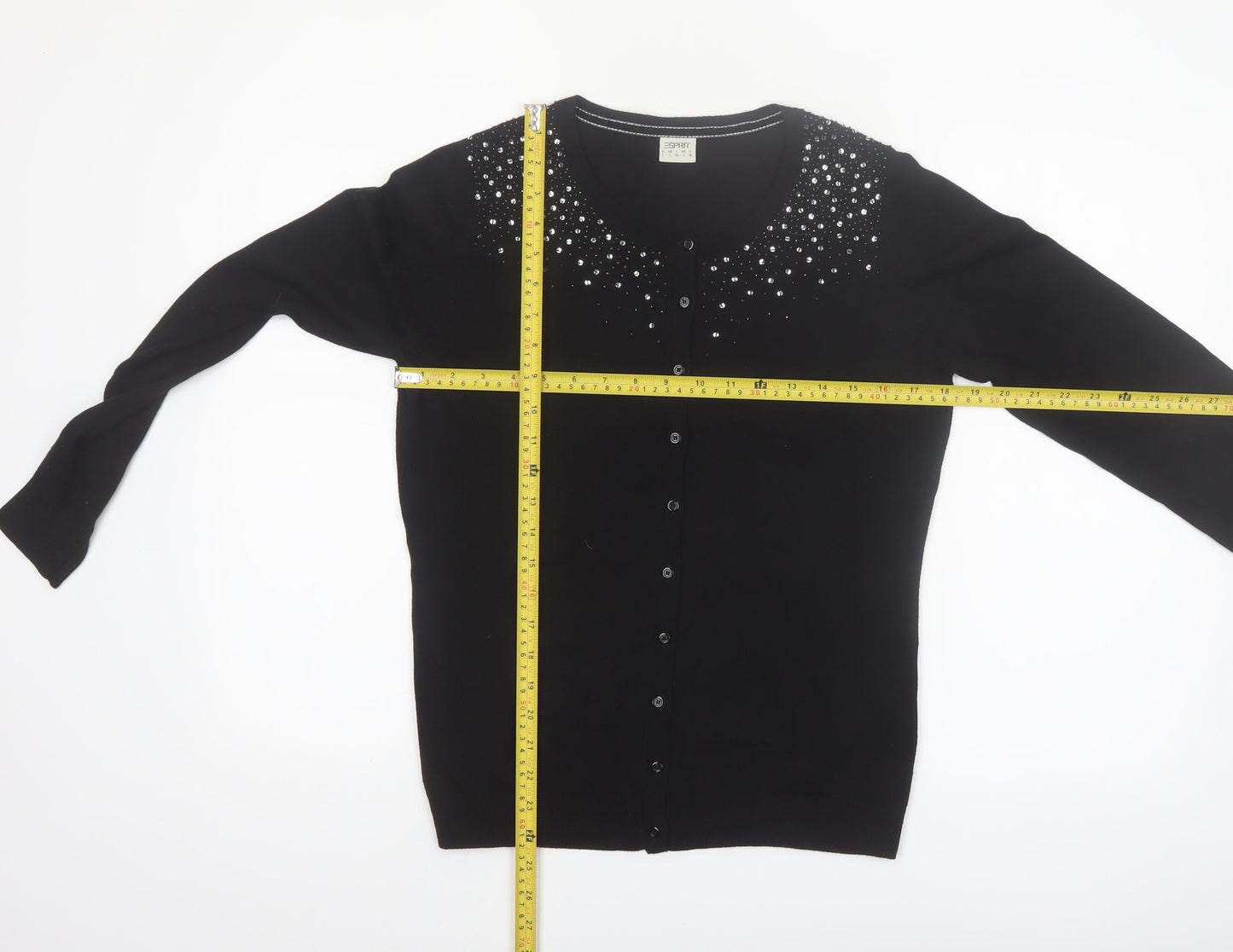Esprit Women Black Beaded Button Cardigan Knit Jumper Size L