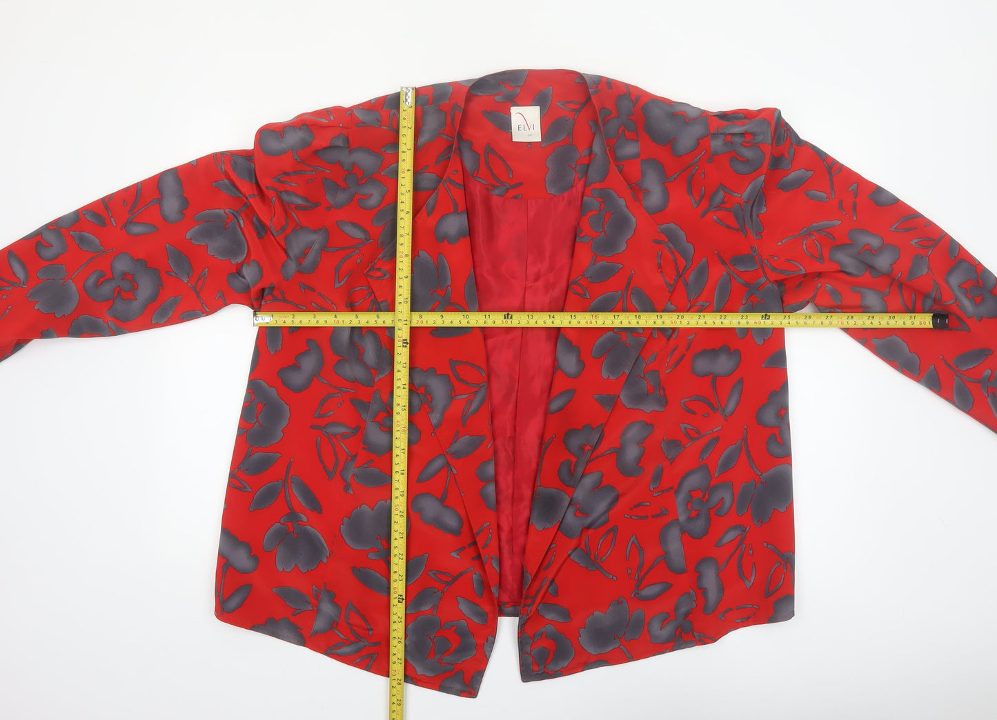 Elvi Women's Red Floral Blazer Jacket Size 16 Lined Polyester