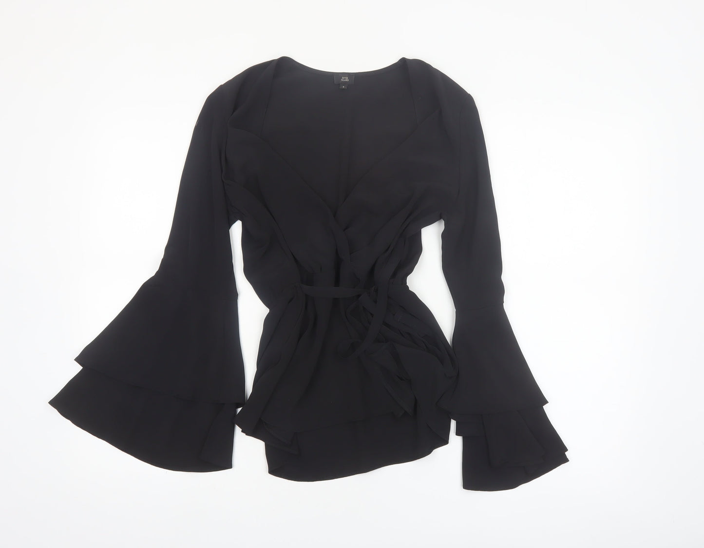 River Island Women’s Black Wrap Blouse Size 8 Bell Sleeve