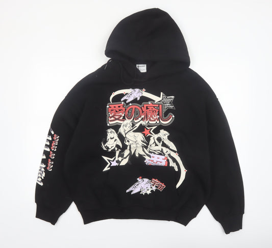 Bershka Men’s Black Anime Graphic Pullover Hoodie Size S