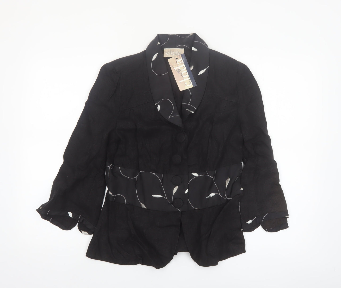 Cloda Women Black Linen Floral Trim Suit Jacket M