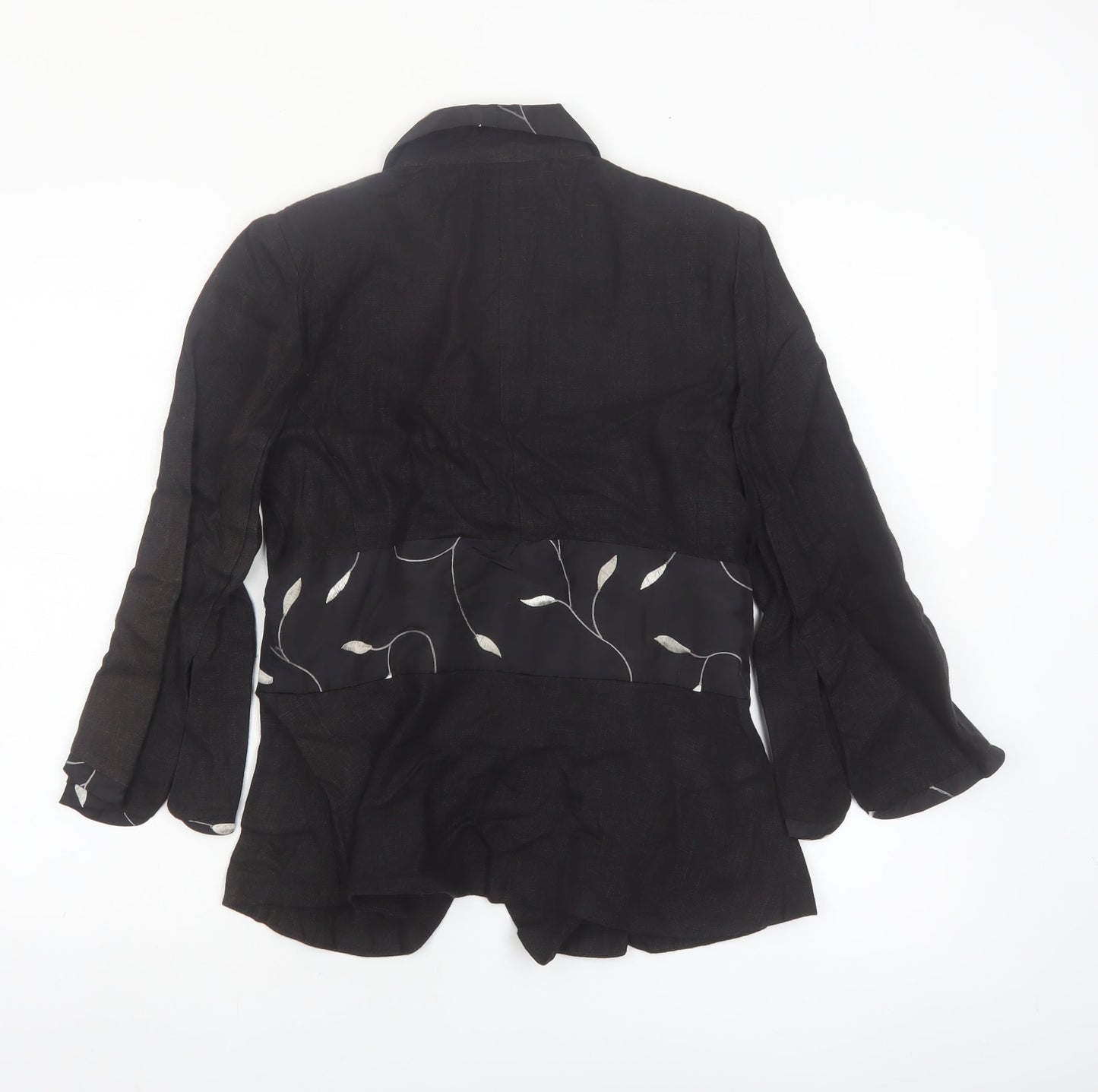 Cloda Women Black Linen Floral Trim Suit Jacket M
