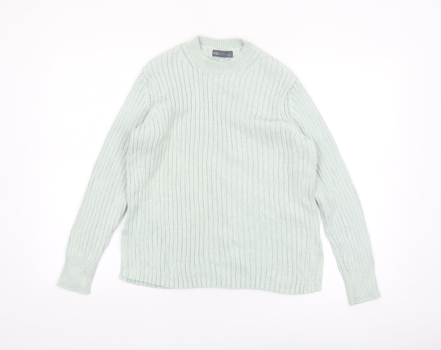 Marks and Spencer Women's Green Cotton Rib Knit Jumper Size 14