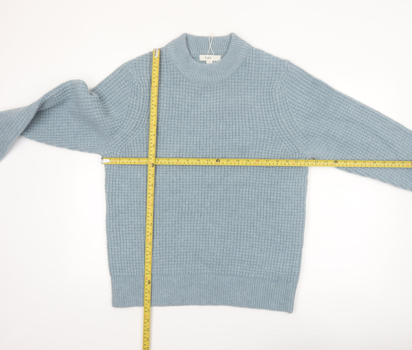 Marks and Spencer Men's Blue Waffle-Knit Crew Neck Jumper M