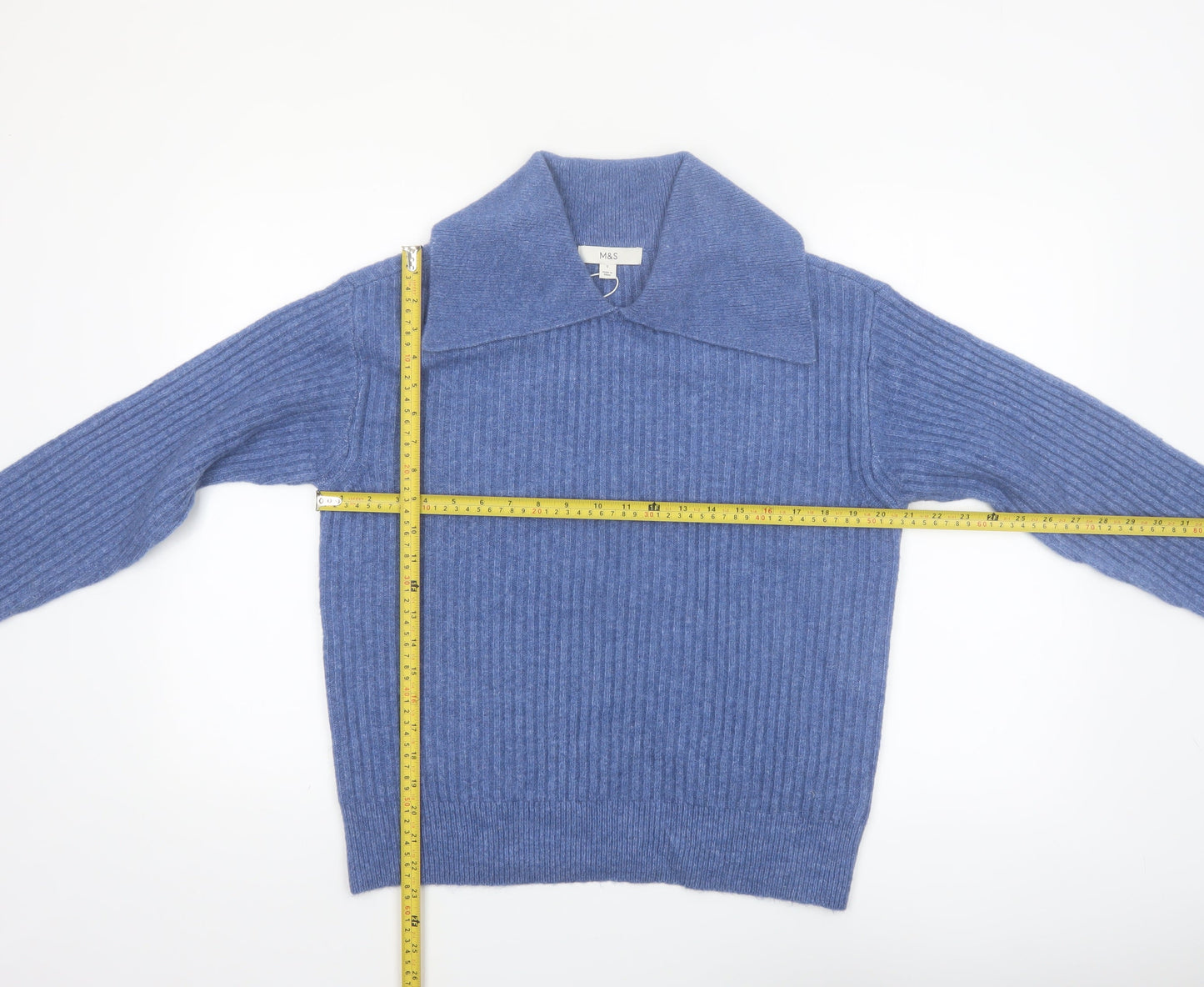 Marks and Spencer Women Blue Collared Ribbed Pullover Jumper Size S