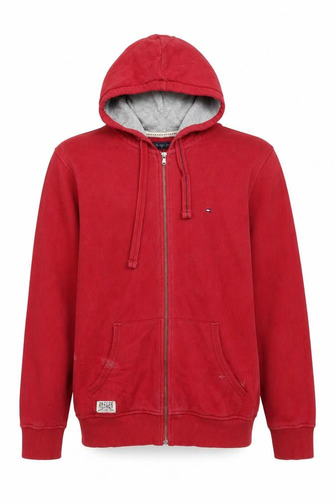 Tommy Hilfiger Men Red Full Zip Hoodie L Classic Cotton Blend