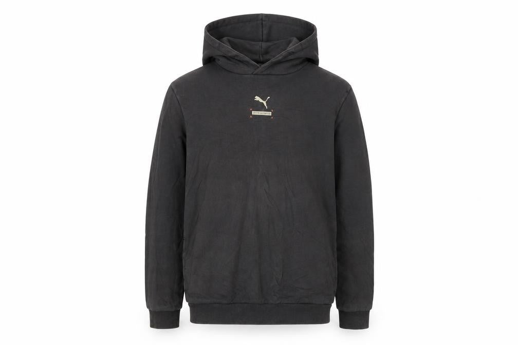 Front view of Puma boys’ black pullover hoodie 13-14 years fleece graphic logo sweatshirt