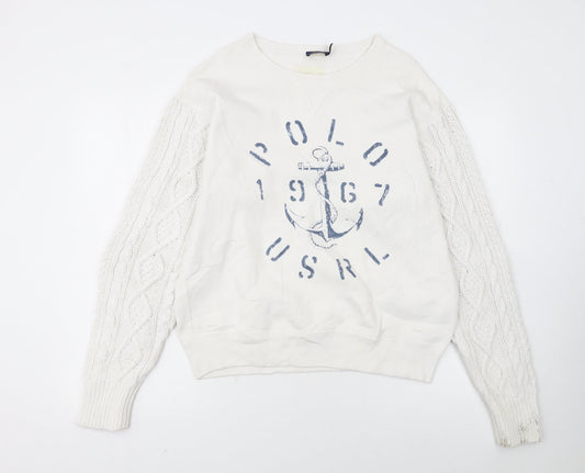 Polo Ralph Lauren Women's White Cable Knit Sleeve Anchor Sweatshirt S