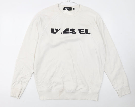 Diesel Men’s White Cotton Logo Pullover Sweatshirt Size L