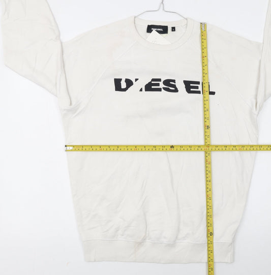 Diesel Men’s White Cotton Logo Pullover Sweatshirt Size L