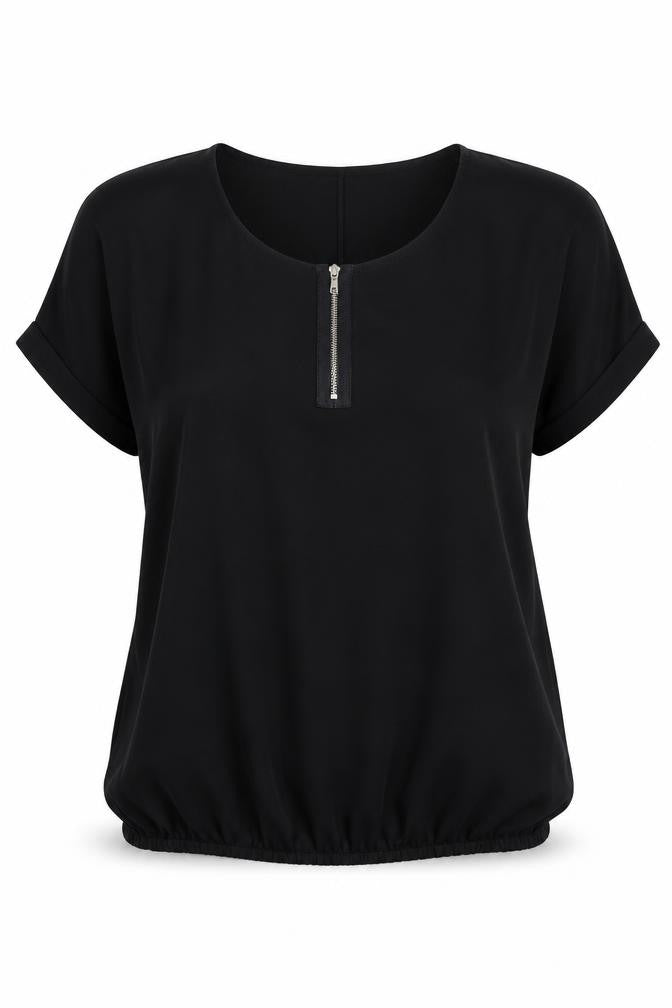 Envie de Fraises Women’s Black Size 14 Zip Neck Short Sleeve Blouse