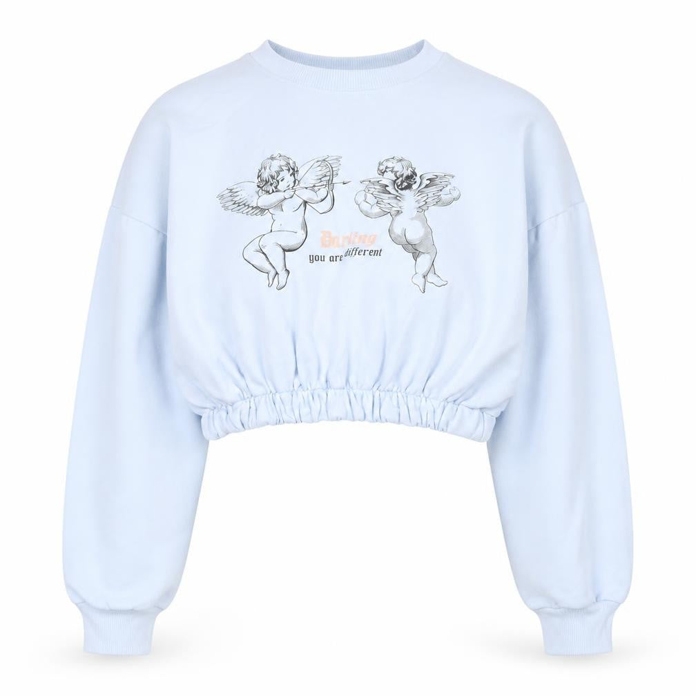 Bershka Womens Blue Cropped Pullover Sweatshirt Size S Graphic Angels
