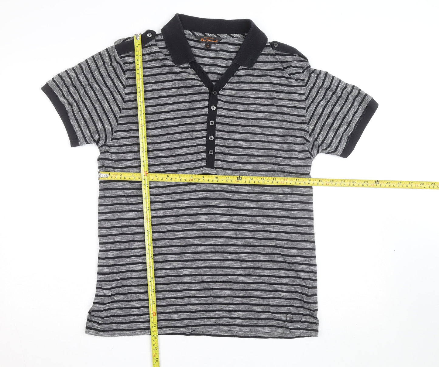 Ben Sherman Men's Grey Striped Cotton Polo Shirt Size L
