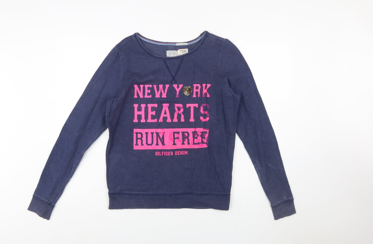 Hilfiger Denim Womens Navy Blue Pullover Sweatshirt M Sequin Heart