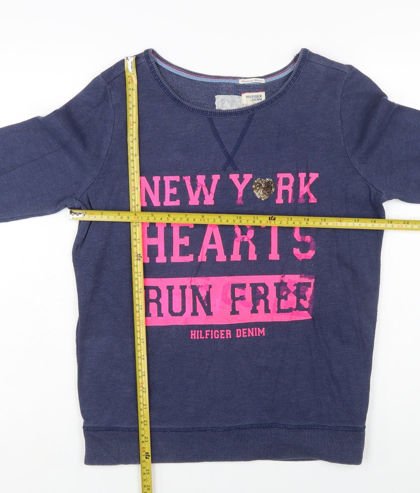 Hilfiger Denim Womens Navy Blue Pullover Sweatshirt M Sequin Heart