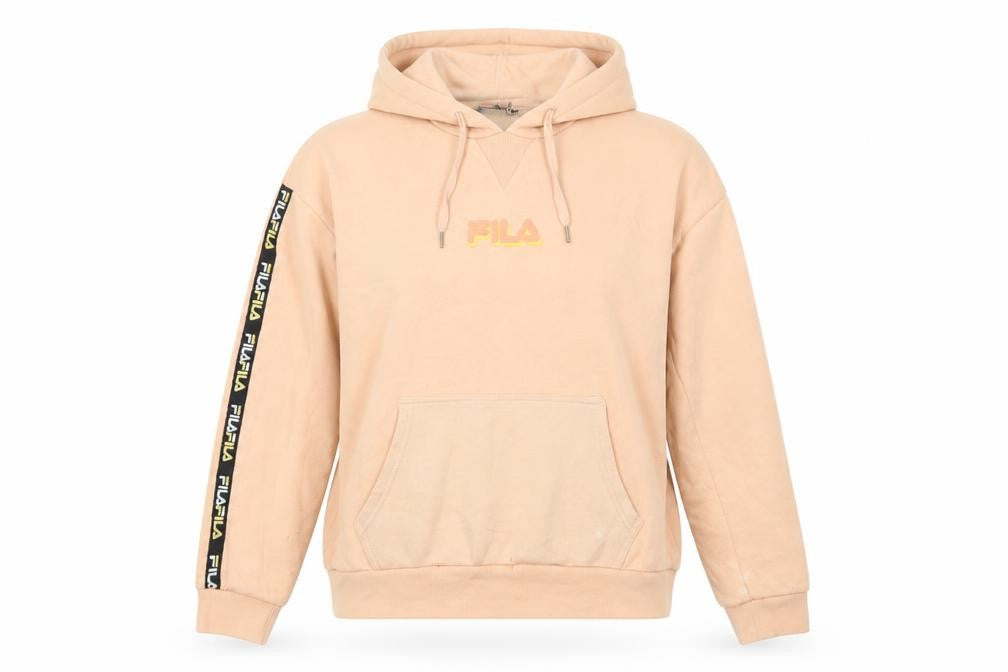 Fila Womens Beige Pullover Hoodie Medium Logo Sleeve Tape Sweatshirt