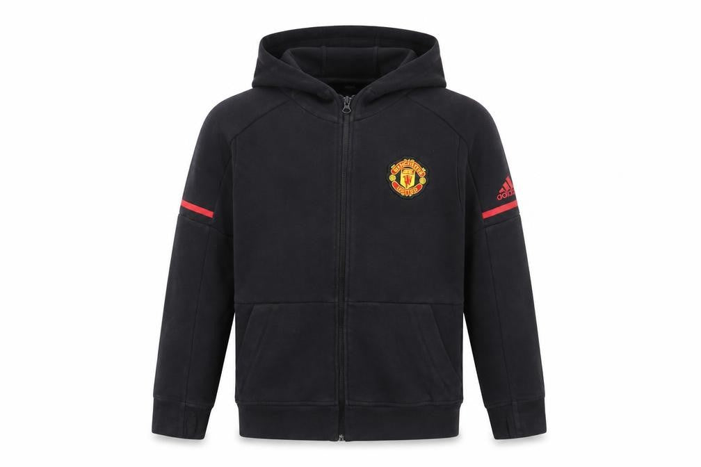 Front view of Adidas boys’ black full zip hoodie 13-14 years manchester united badge