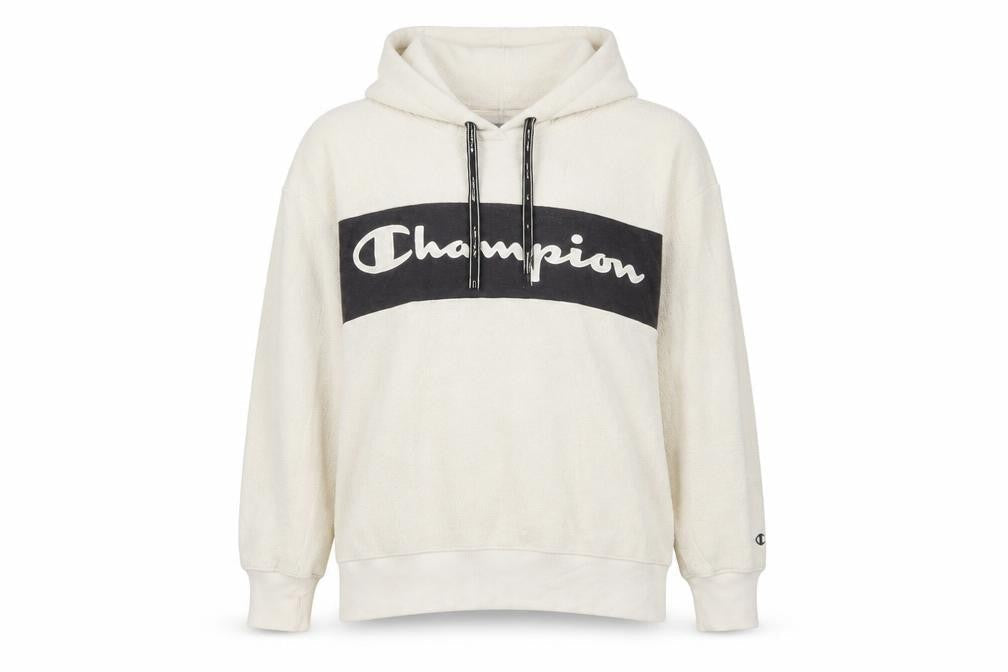 Champion Women's Beige Pullover Hoodie Large Fleece Logo Sweatshirt