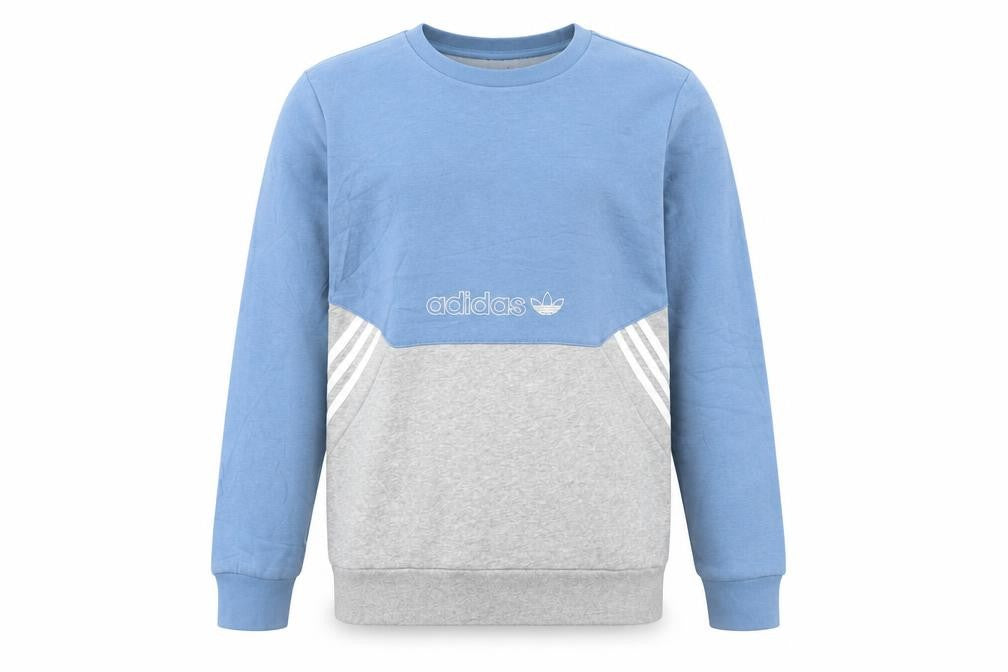 Front view of Adidas boys’ blue grey colourblock crew neck sweatshirt, size 13-14, years