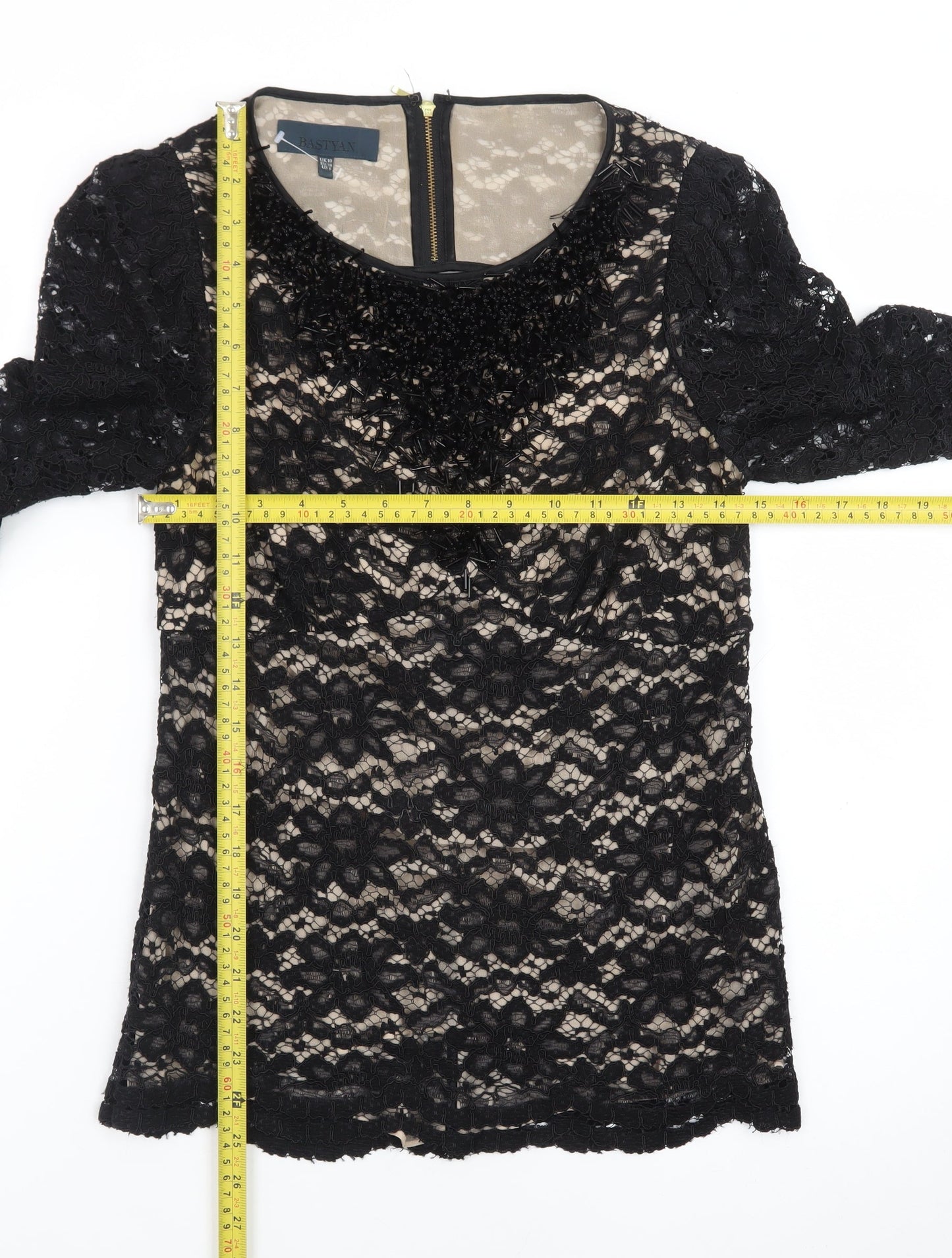 Bastyan Women Black Size 10 Lace Beaded Sheath Dress