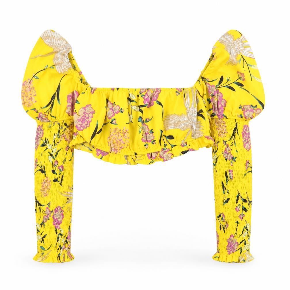 PRETTYLITTLETHING Women’s Yellow Floral Cropped Blouse UK 12
