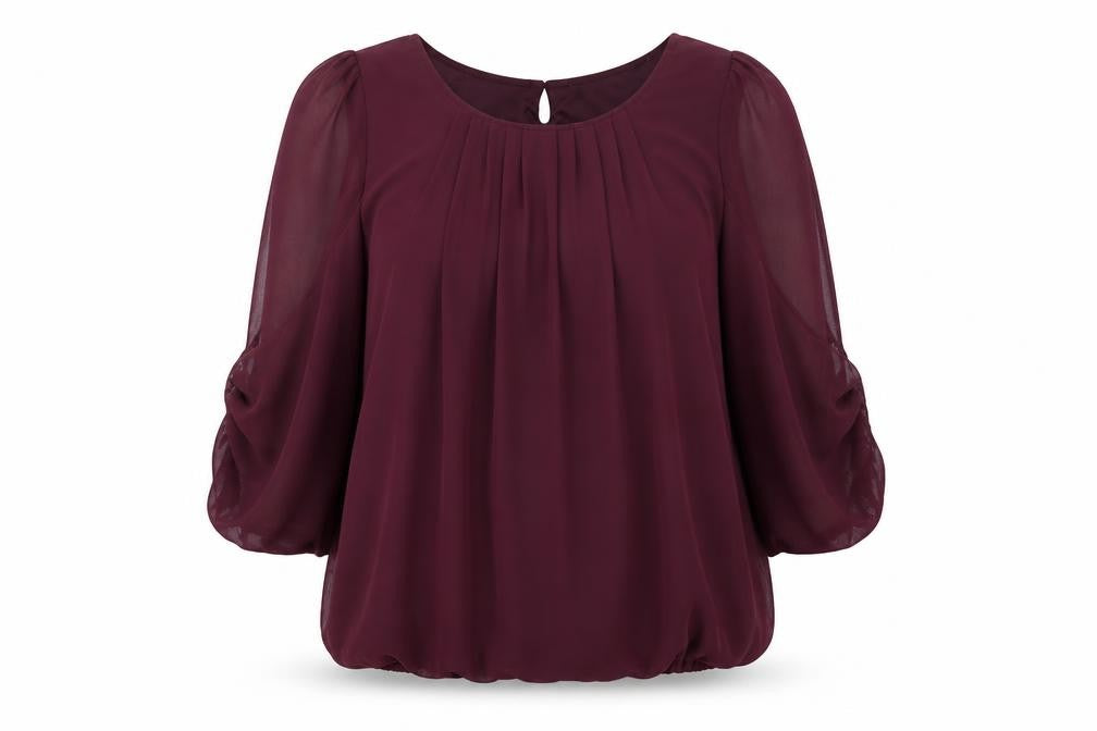 Front view of Dunnes Women’s Purple Chiffon 3/4 Sleeve Pleated Tunic Blouse, size UK 10