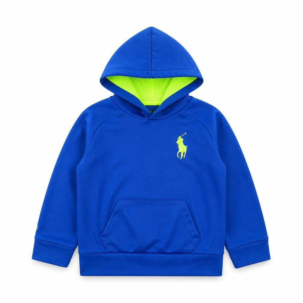 Front view of Polo Ralph Lauren boys’ blue hoodie, size 5, pullover fleece logo design