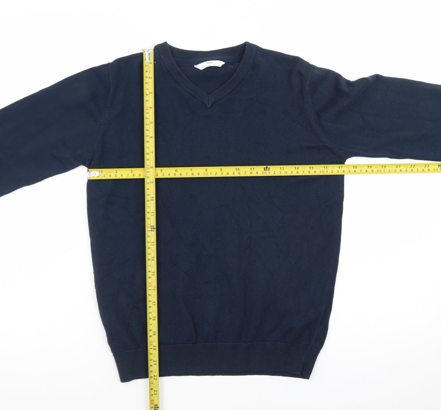 Marks and Spencer Boys Navy V-Neck Cotton Jumper 12-13 Years Classic Fit