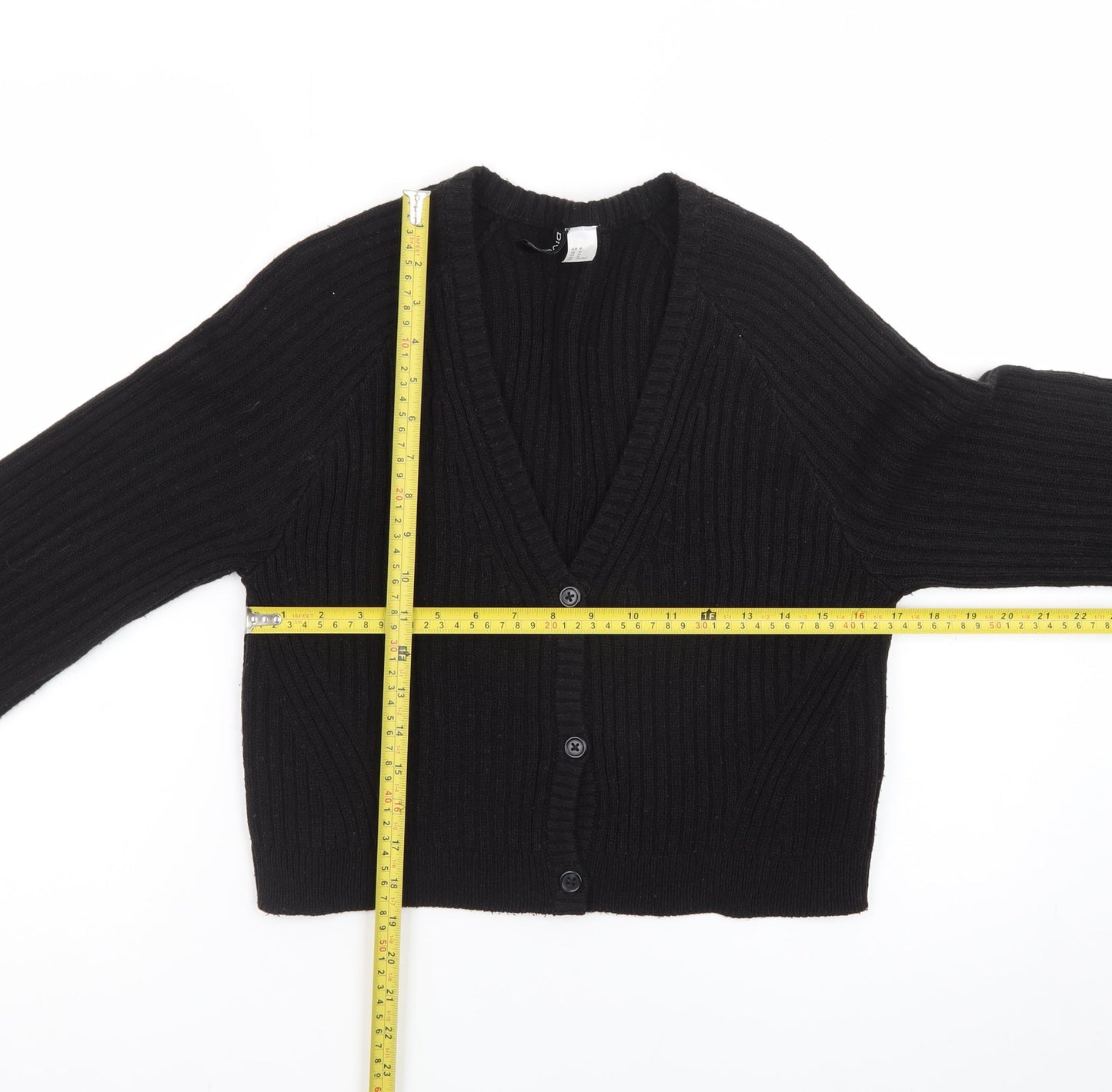 H&M Women Black Rib Knit V-Neck Button Cardigan Size 12